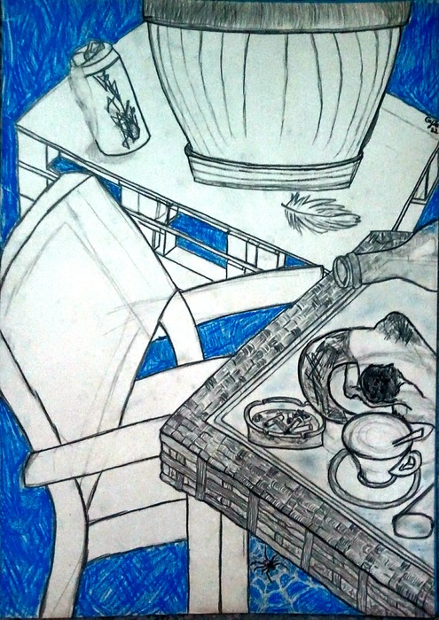 Kávéházi kék csend élet (ceruza, szén, pasztell)