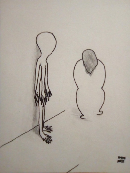 Öreg néne és az ufó (egyvonalas, toll)